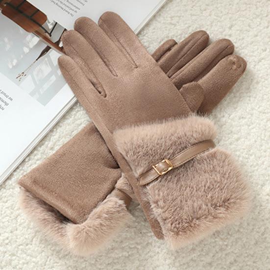 Women's Winter Suede Gloves with Fur Cuffs Soft Warm Touchscreen Cycling Gloves Ladies Fleece Lined Windproof Gloves for Cold Weather