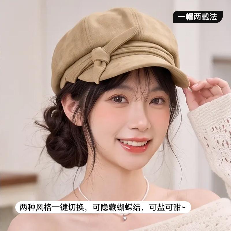 Women S Solid Color Suede Octagonal Hat With Bow For Autumn Winter