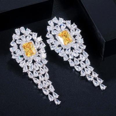 Joia de Festa Feminina da Marca CMM Cor Ouro Branco Luxuosa Quadrada Amarela Longa Pendente Brinco com Zircônia