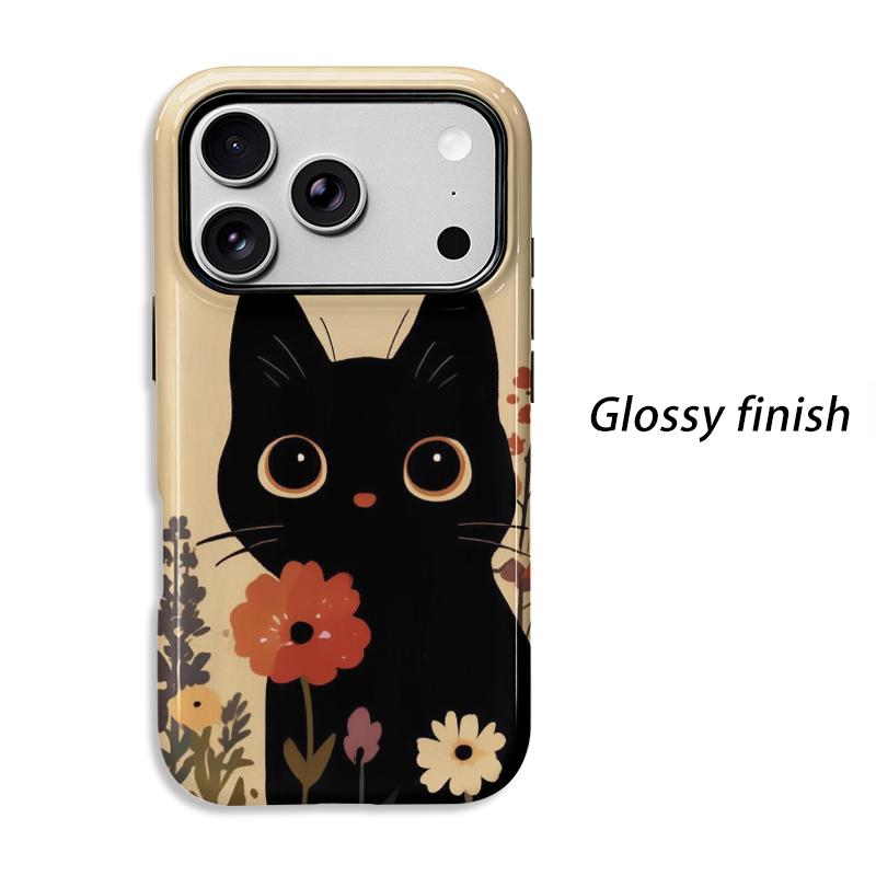 Big Eyed Floral Cute Black Cat Holding Flower Art Film Aesthetic Protective Shockproof Bumper Case Cover For iPhone 14 15 16 Pro Max Plus