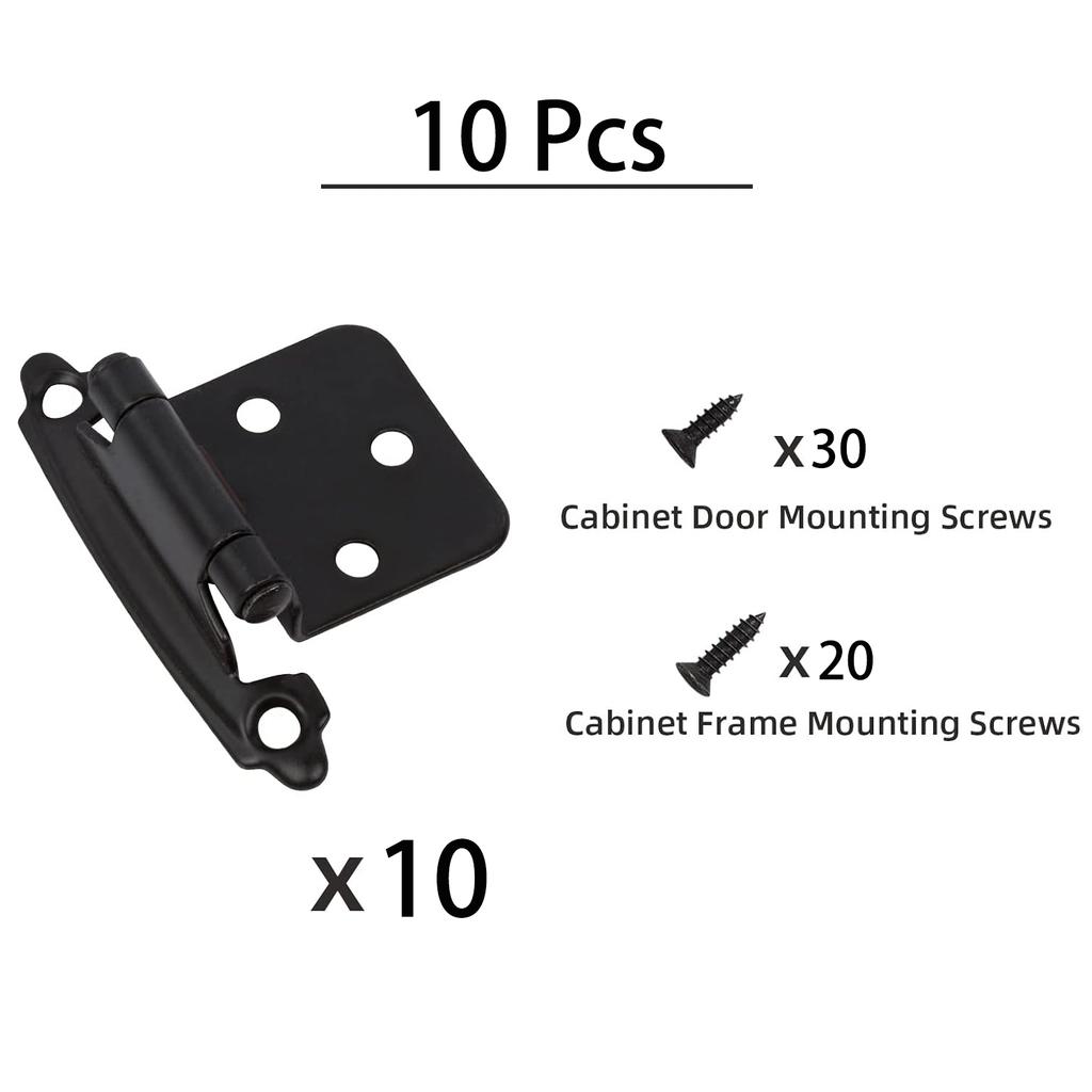 10Pcs Decobasics 1/2" Overlay Matte Black Cabinet Hinges, Self Closing Bath & Kitchen Cabinet Hinges Black Flush Mount w/Door Bu