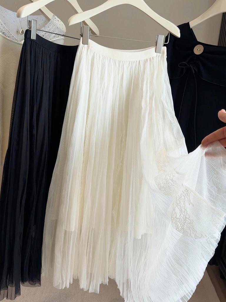 Spring 2026 Women's A-line Pleated Mesh Midi Skirt - High-waisted, Slimming, Loose Fit with Large Hem