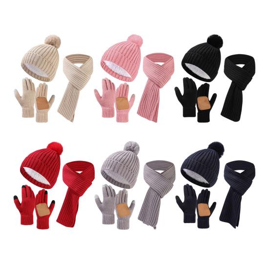 3Pcs/Set Winter Hat Scarf Gloves Set Solid Color Thickened Warm Plush Lining Elastic Brimless