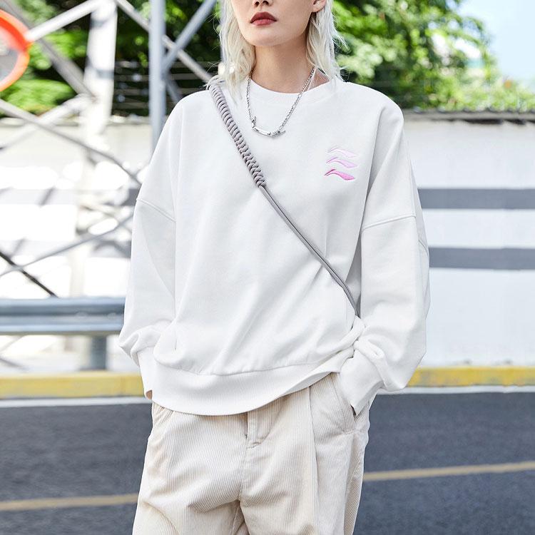 Li Ning Logo Print Fleece Warm Casual Sports Crew Neck Sweatshirt Women sweatshirt Off-White AWDRF42-1