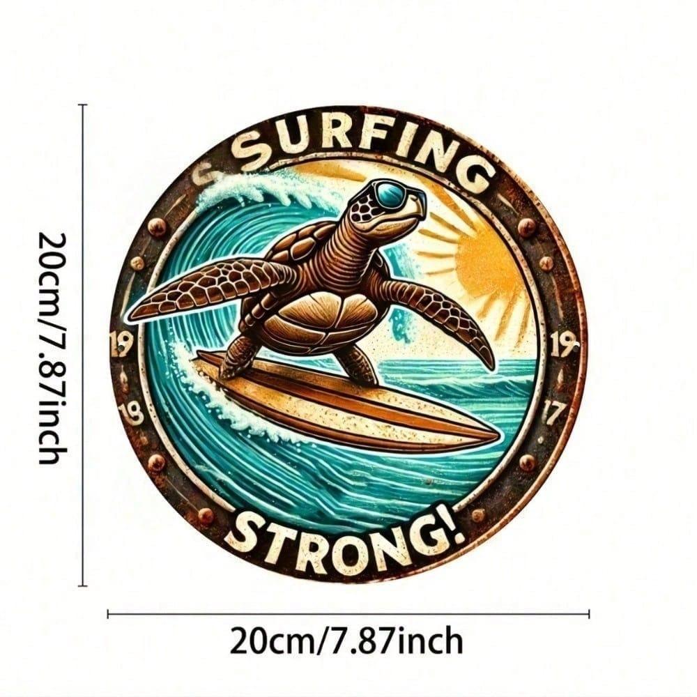 8 Inch Retro Metal Tin Sign Surfing Sea Turtle Vintage Round Wall Art Decor Living Room Beach House