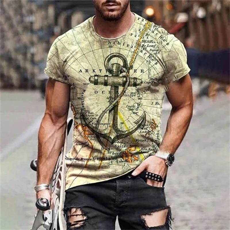 Maritimt anker 3D-trykk T-skjorte Oversize Menn Kvinner Vintage Kortermet Casual T-skjorter Sommer Allsidig O-hals Streetwear Unisex