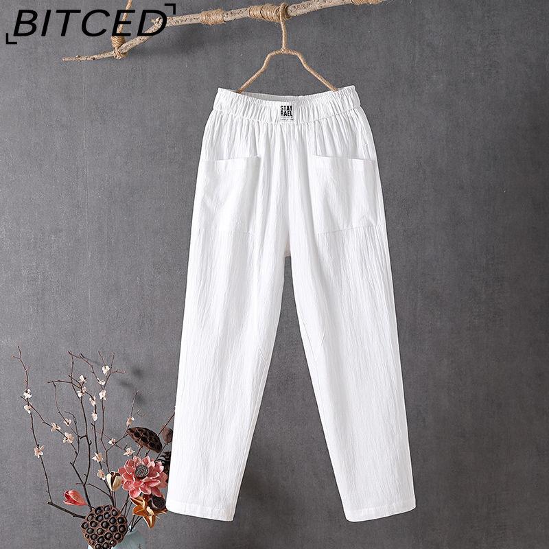 BITCED Summer Women Trousers Casual Cotton Linen Pants Loose Straight Trousers Nine Point Harem Pants