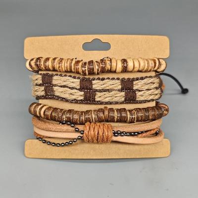 Vintage Mori-Stil geflochtenes Leder- und Kokosnussschalen-Armband-Set - Verstellbares Hanfseil, Unisex, 4 Stück