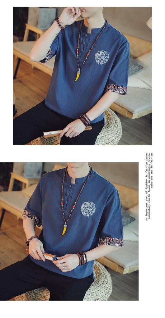 FJLTDCP Summer Half Japanese Plus Loose Solid Top BLUE Men's Japanese-Style T-Shirt, Sleeves, Haori, Style, Embroidered, Sizes, Casual, Fit, Stylish,