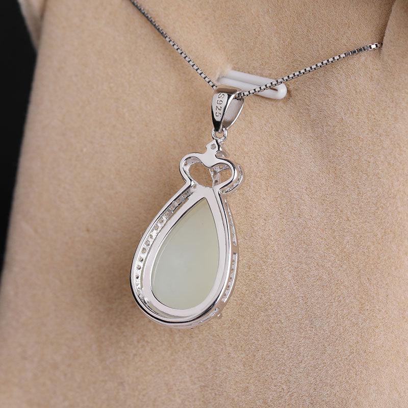 Hetian Jade Teardrop Pendant Necklace, Sterling Silver Crown Inlaid White Jade, Court Style Jewelry Gift for Women