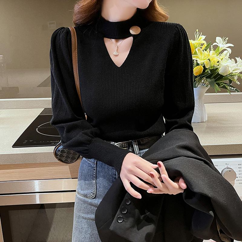 Solid Color Semi High Neck Hollow Knitted Base Sweater for Women Autumn Sexy Pullover Sweater for Women