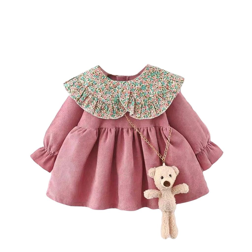 Spädbarns- och småflickas klänning i utländsk stil med söta sömmar och lång ärm + modeväska