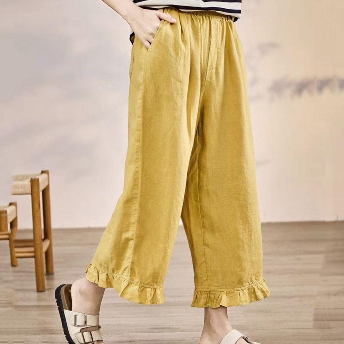 

Ретро хлопково-льняные кружевные повседневные брюки женские 2025 лето новые однотонные эластичная талия девять точек широкие брюки 2XL жёлтый