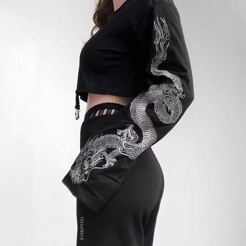 2024 Dark Style Dragon Pattern Women's Crop Top Sweatshirt - Hip Hop Loose Long Sleeve