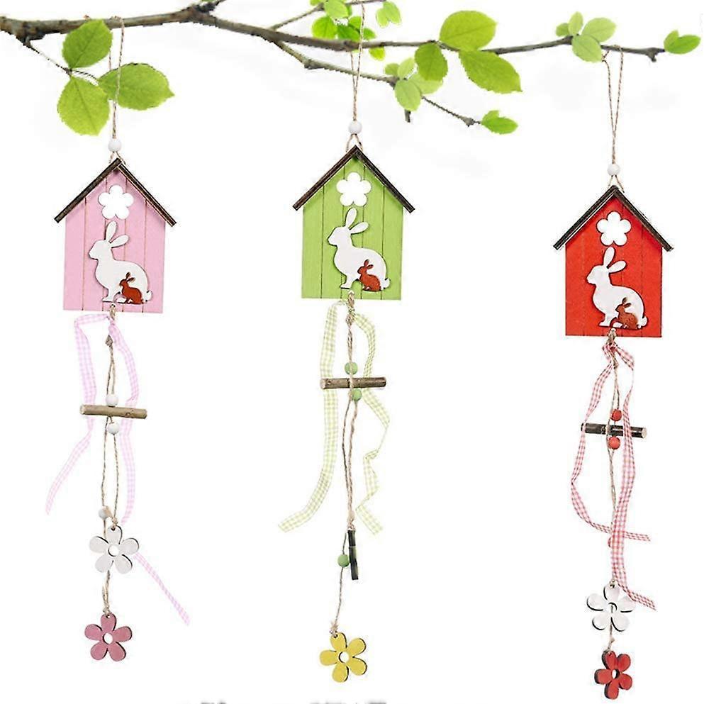 3 Pieces Spring Wooden Easter Bunny Decoration Easter Decoration, Rabbit House Easter Pendant,Wooden