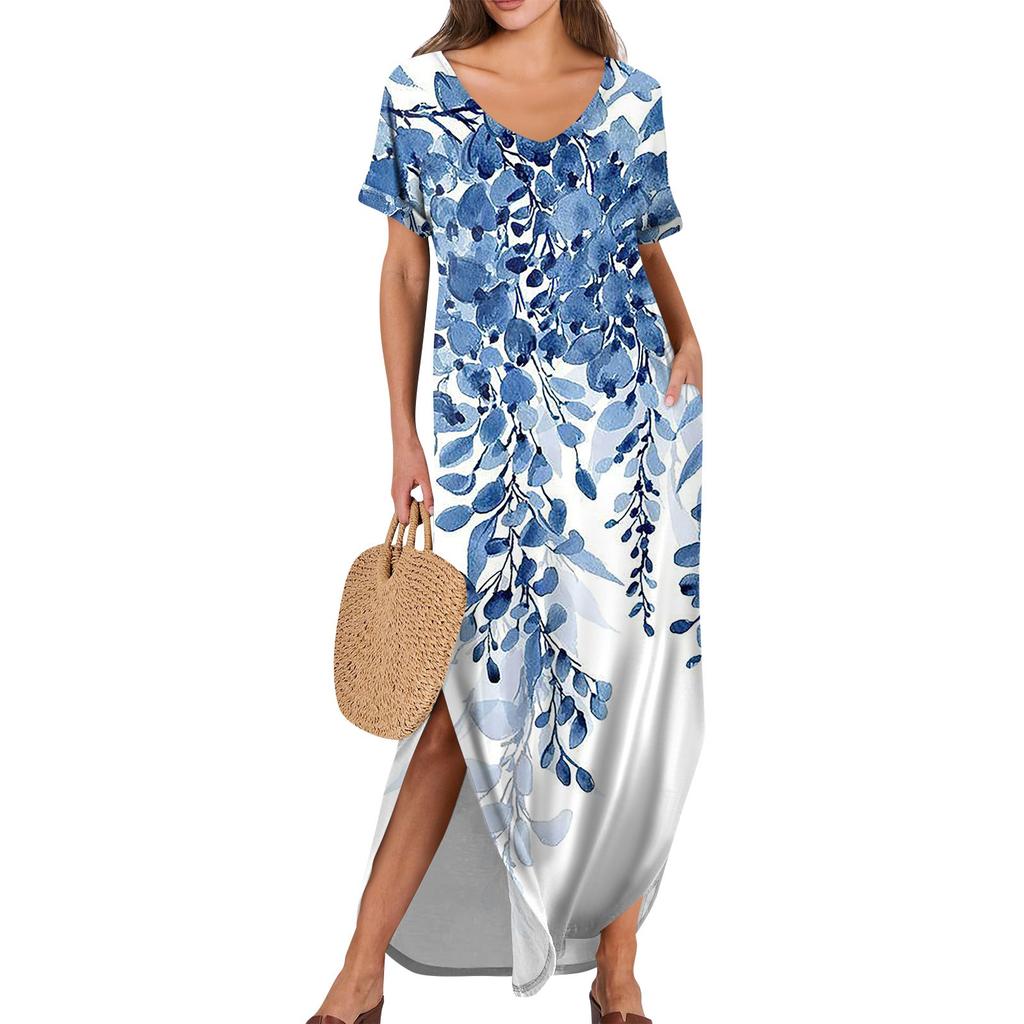 Dámské letní šaty s volným výstřihem do V, krátkým rukávem, plážové maxi dlouhé šaty Trendy outfity