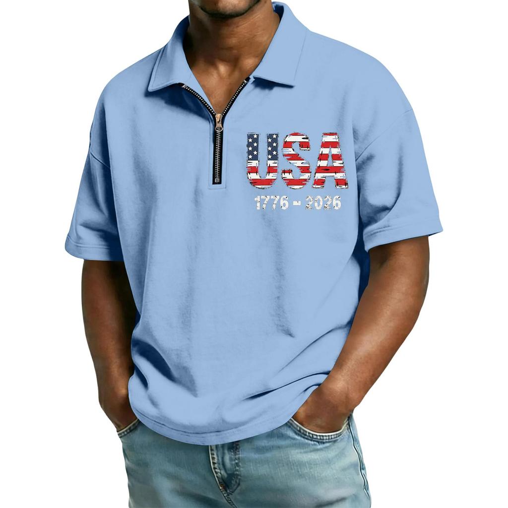 Men’s Short Sleeve Polo Shirt with Zipper Collar USA Letter Print 1776-2026 Casual Lightweight Top for Everyday Wear