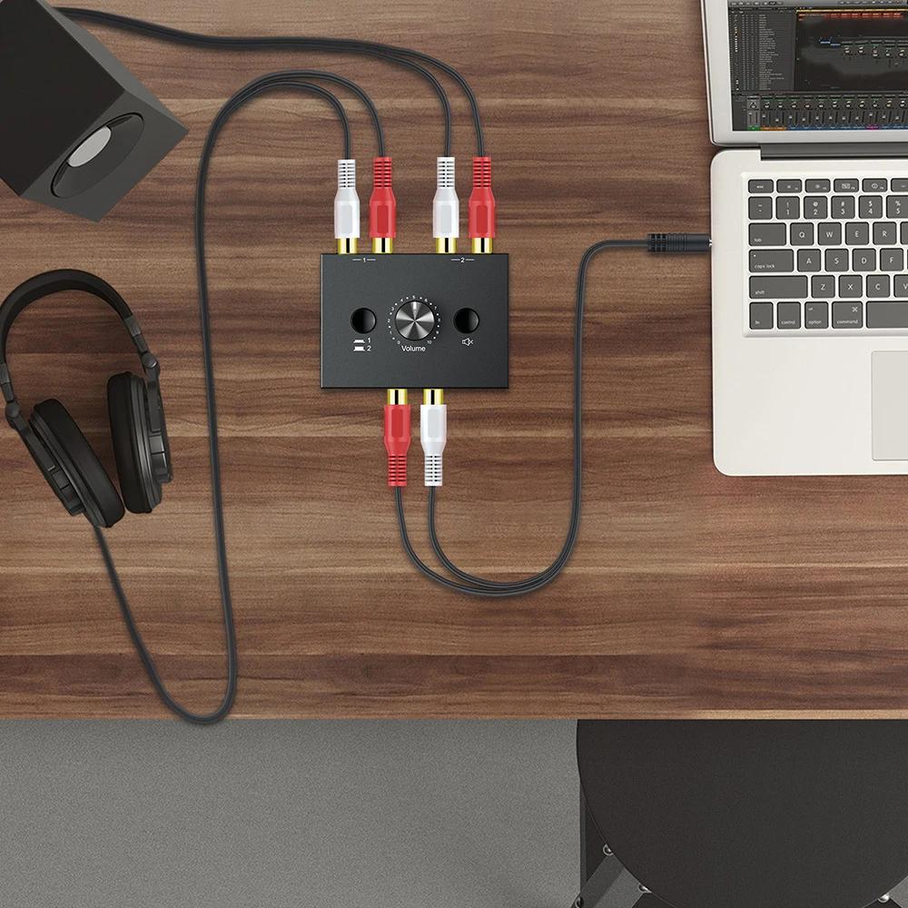 Bidirektionaler Audio-Umschalter 2 x 1 / 1 x 2 RCA Stereo-Audio-Umschalter Splitter Mit Stummschalttaste L / R Stereo-Audio-Umschalter