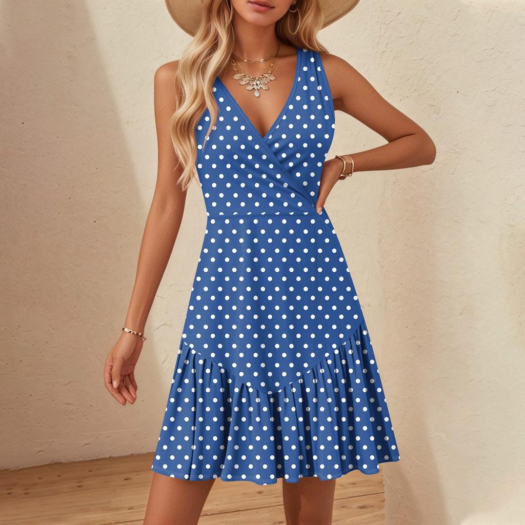 Women's V-Neck Waisted Floral Print Sleeveless Hem Spliced Dresses