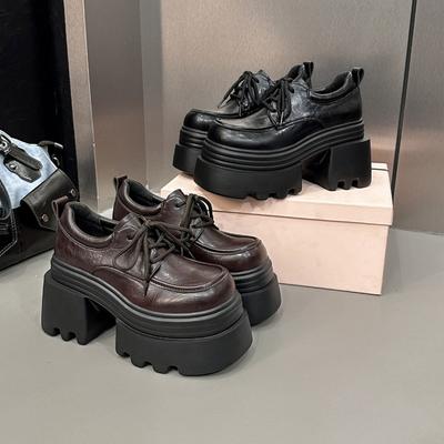 Cm Höhe Zunahme Damen Dicksohlige Britische Kleine Lederschuhe Damen Herbst Neue Vielseitige und Dünne Schnür-Einzelne Schuhe