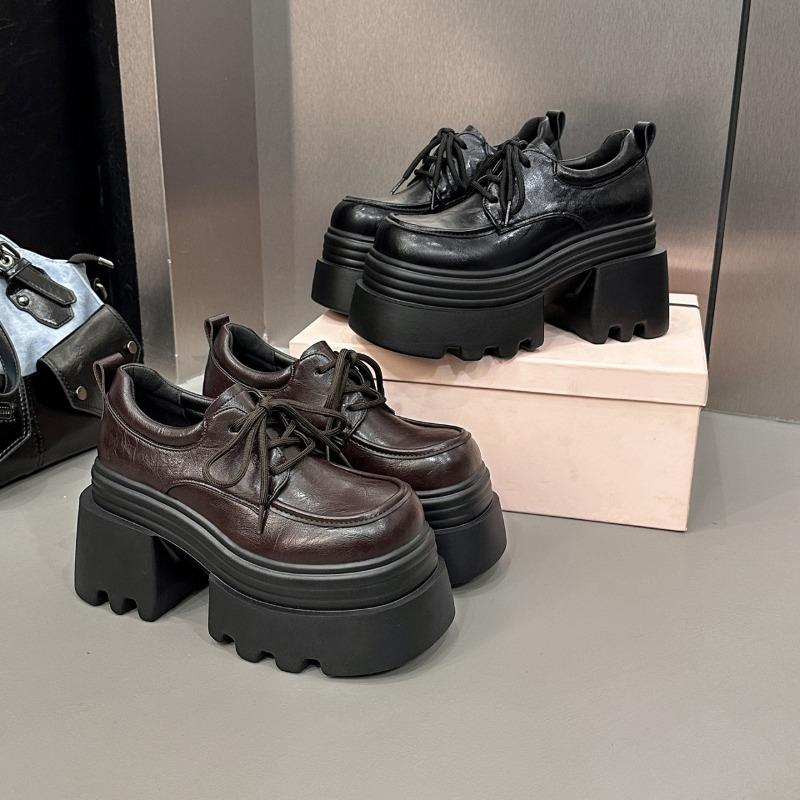 Cm Height Increase Women's Thick-soled British Small Leather Shoes Women's Autumn New Versatile and Thin Lace-up Single Shoes