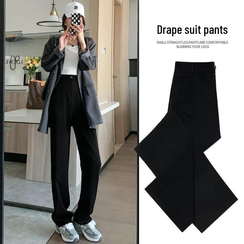 Women's Summer Wide-Leg Drape Pants - Black Straight Trousers
