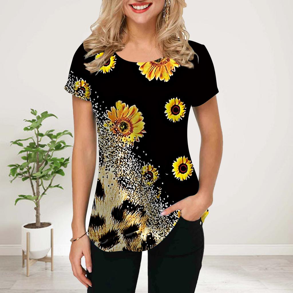 Camiseta feminina de verão, estampa de girassol preta, manga curta, camisetas casuais estampadas