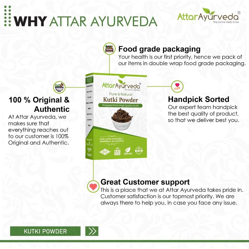 Attar Ayurveda Kutki Prášek 100 g Přírodní Bylinný Wellness Prášek Tradiční Ajurvédský Kořenový Prášek pro Denní Použití