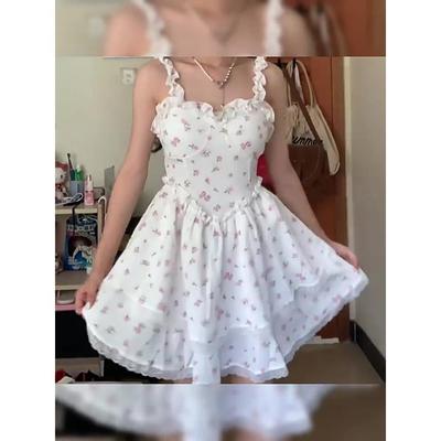 White Moonlight Suspender Dress Women's Summer Versatile High Waist Skinny Princess Style Short Dress Children