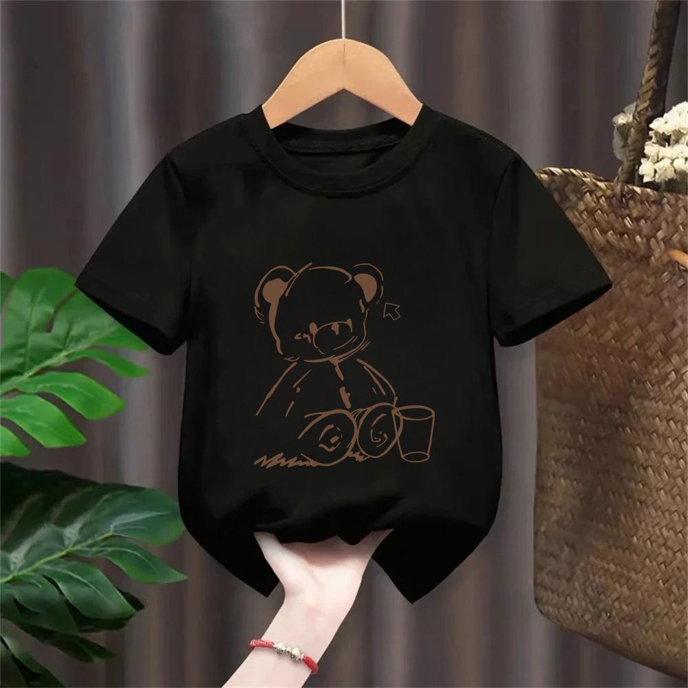 Cute Teddy Bear Print Crew Neck Tshirt Kids Fit Short Sleeve Cartoon Fashion Coffee Cup Kawaii Girls Clothing