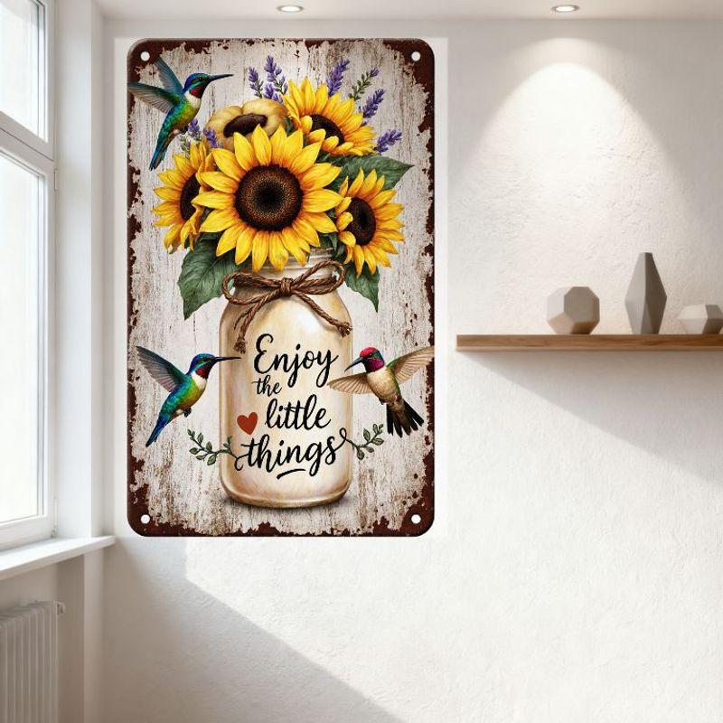 Vintage 'Enjoy the Little Things' Metal Tin Sign with Sunflowers, Lavender, Hummingbirds - Rustic Wall Decor for Bar Pub Home Ca