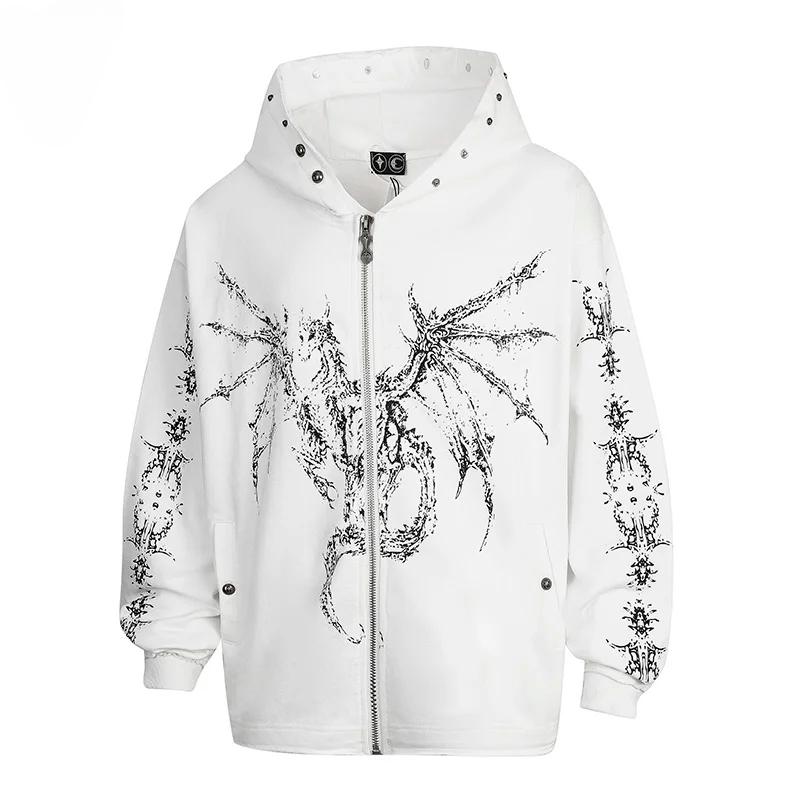 EastRogue Heavyweight Star Moon Dragon Bone Satan Devil Print Zipper Hooded Open-Front Sweatshirt Men's Jacket