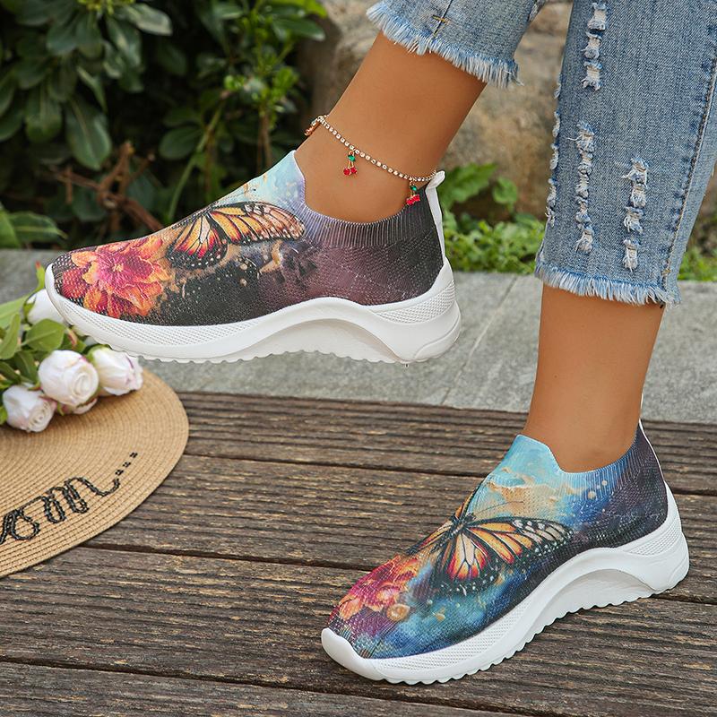 Butterfly Printed Breathable Knitted Sneakers for Women  Spring Slip On Flat Heels Casual Shoes Woman Lightweight Loafers