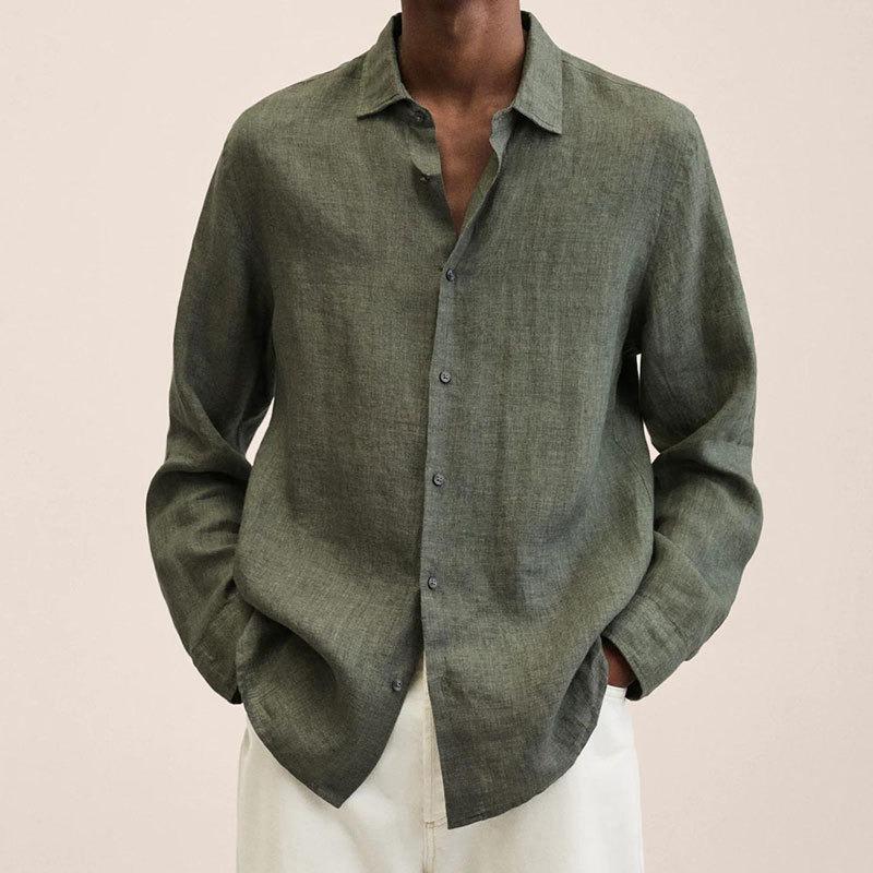 Men's Linen Cotton Long Sleeve Shirt Casual Loose Fit Button Down Collar Breathable Solid Color Summer Tops For Men