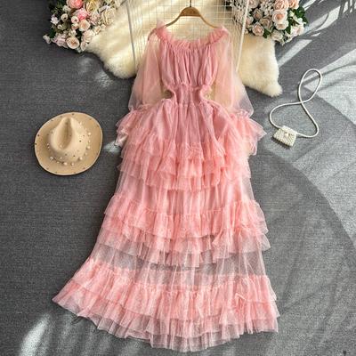 High Street Cake Mesh Party Dress Women Off the Shoulder Tierred Elastic Sundress Polka Dot Lace Maxi Dress