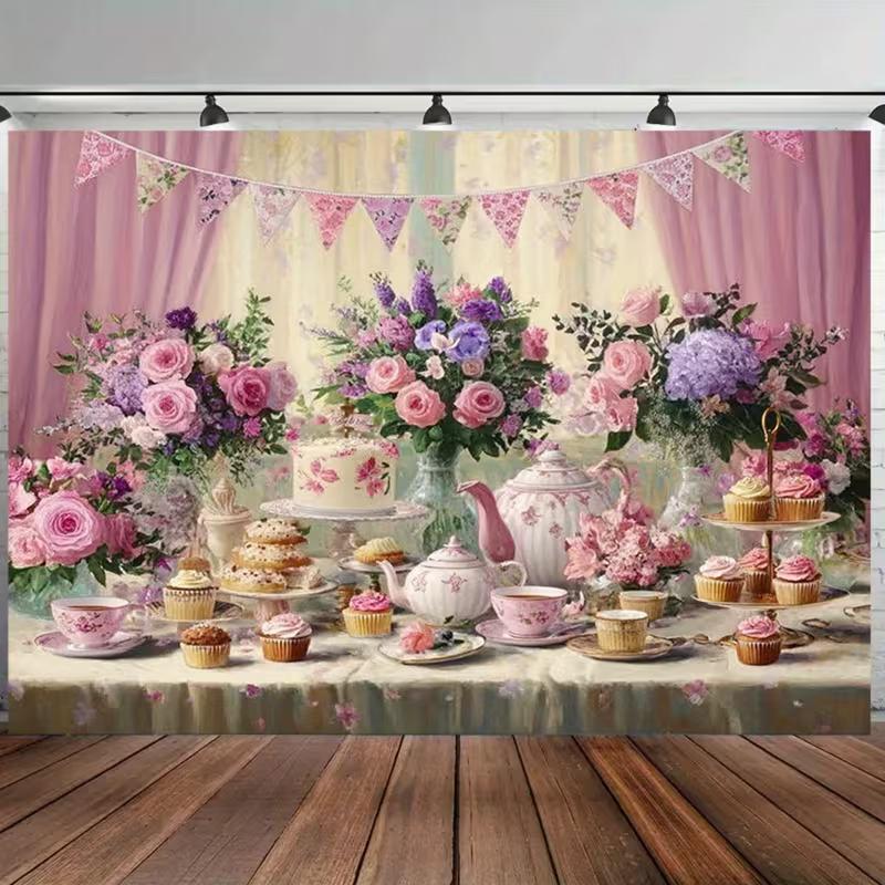 2D Elegant Tea Party Backdrop, Floral & Cupcake Garden Party Decoration