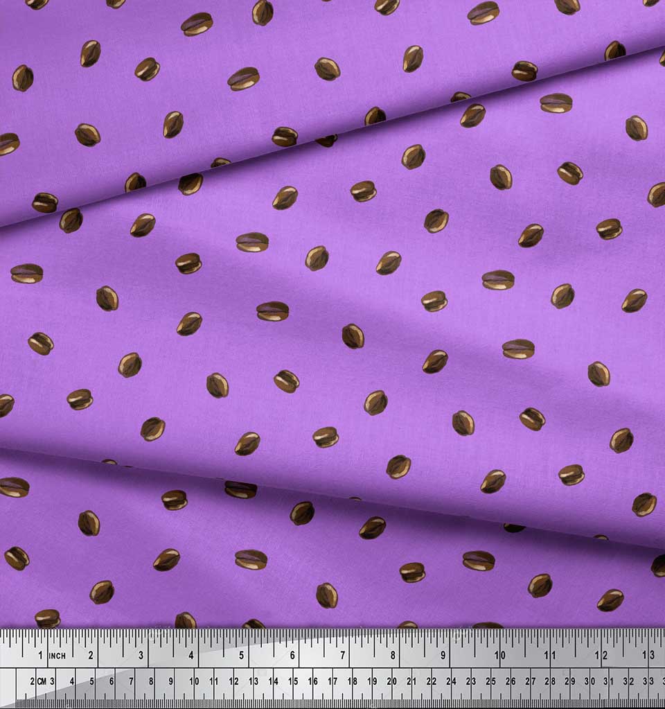 Soimoi Purple Japan Crepe Satin Fabric Coffee Beans Food Printed Fabric 1 Metre 42 Inch