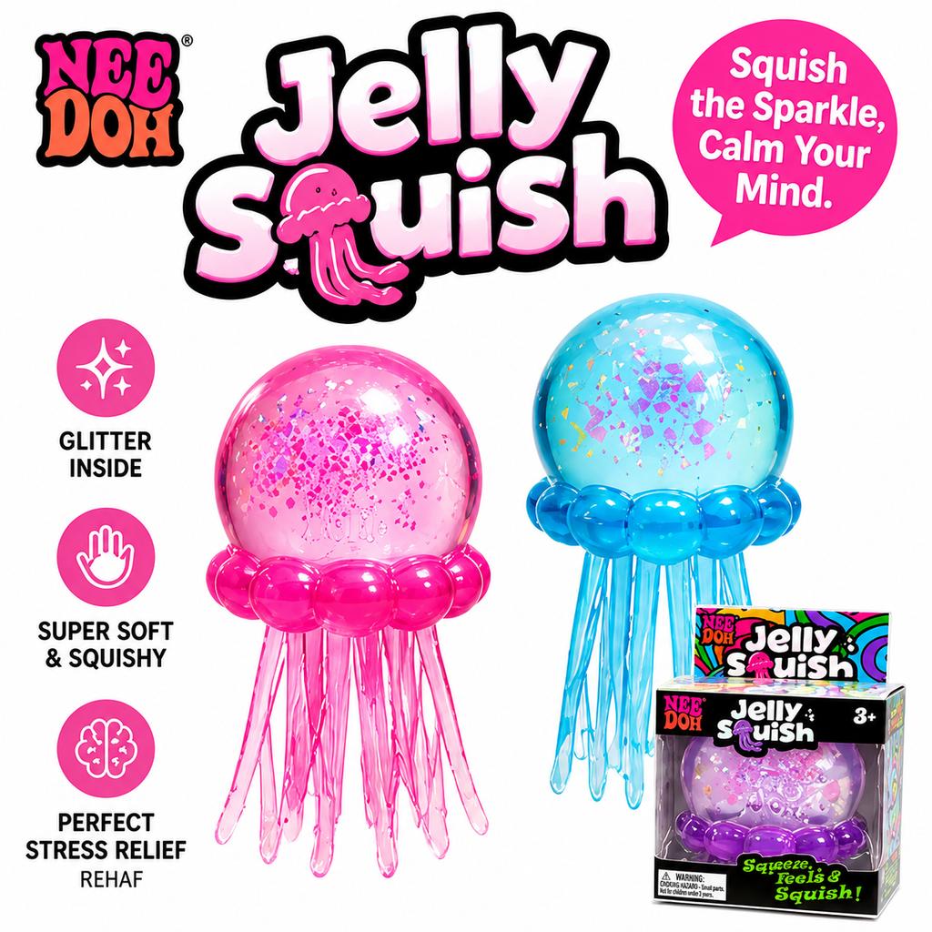 Needoh Sensory Squishy Toy, Jellyfish & Cube Squish Soft Gel Stress Relief Toy