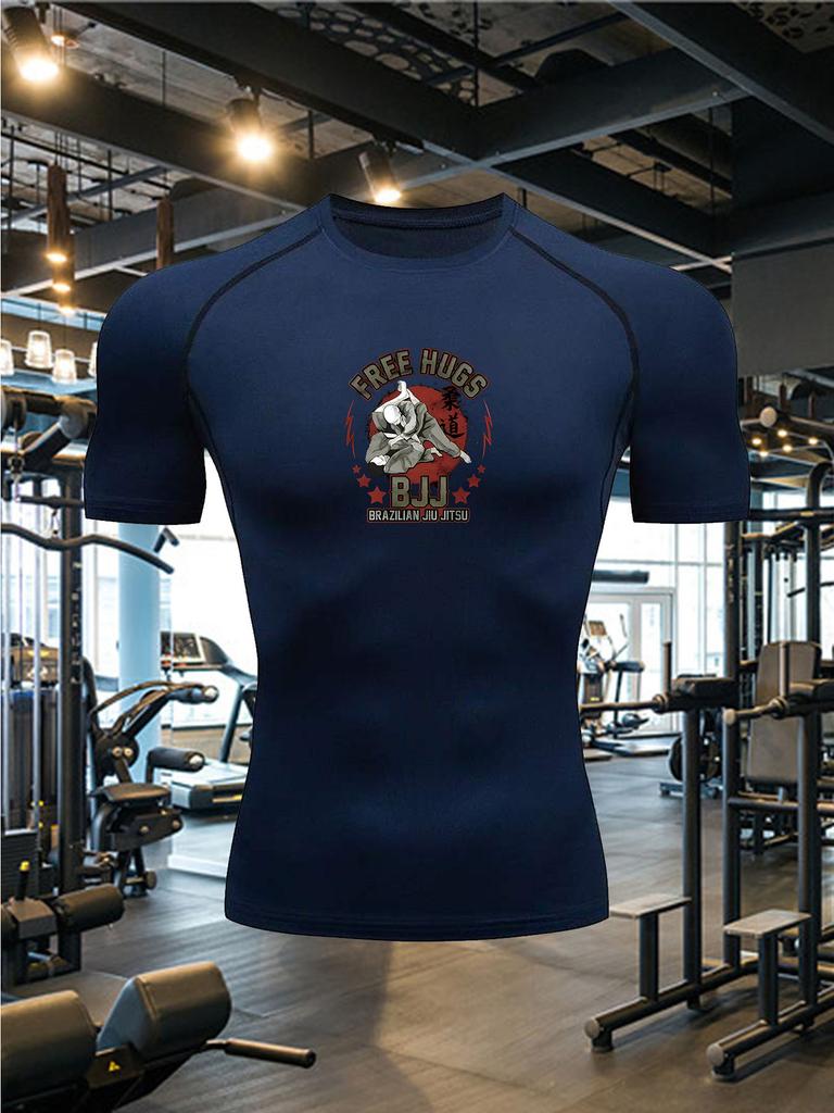 Men's White Brazilian Jiu-Jitsu Compression T-Shirt "BJJ" Bulldog Print Quick Dry Gym Workout Top