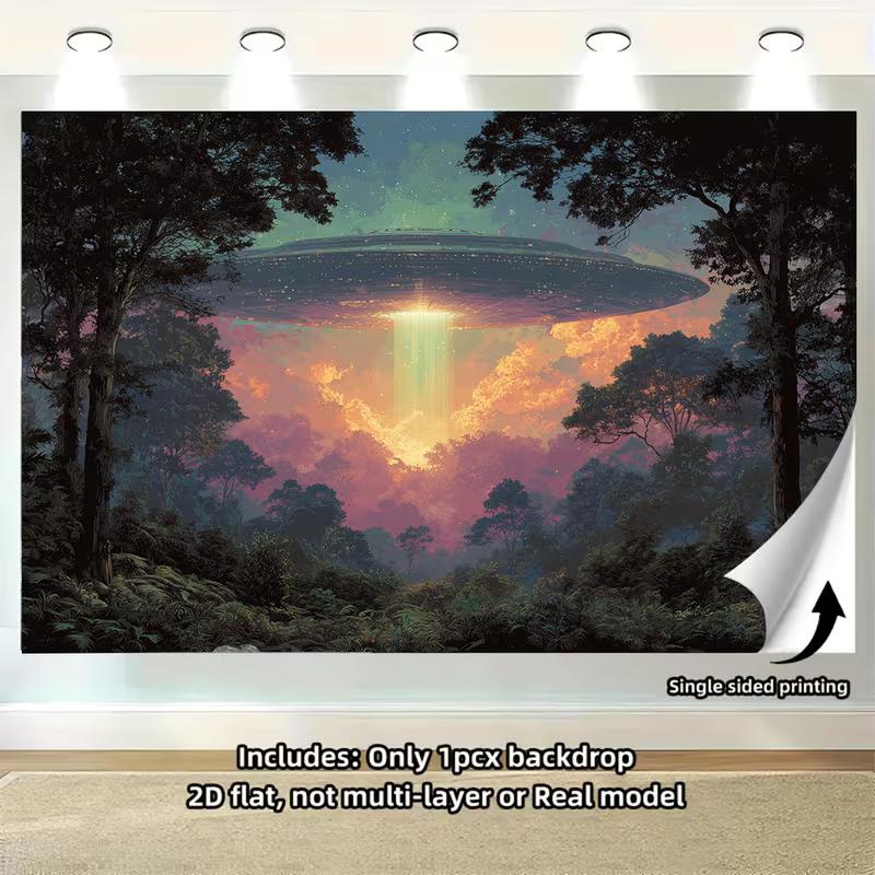 2D Aesthetic UFO Abduction Backdrop, Colorful Forest Sunset & UFO Wall Decor