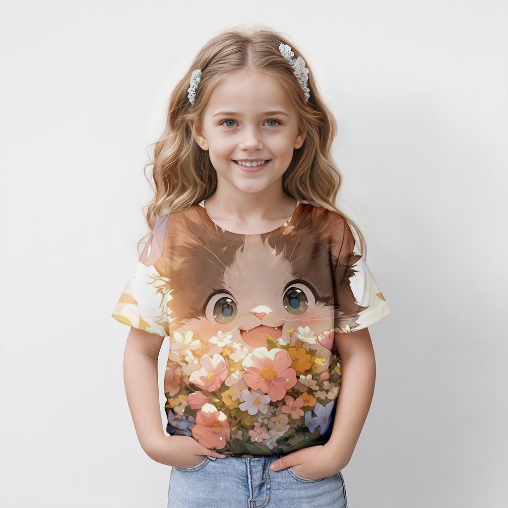 Girl Clothes Children's T-Shirts Short Sleeve 3D Cartoon Cat Print Cute Girls Clothing Kids Summer Clothes Casual Round Neck Top