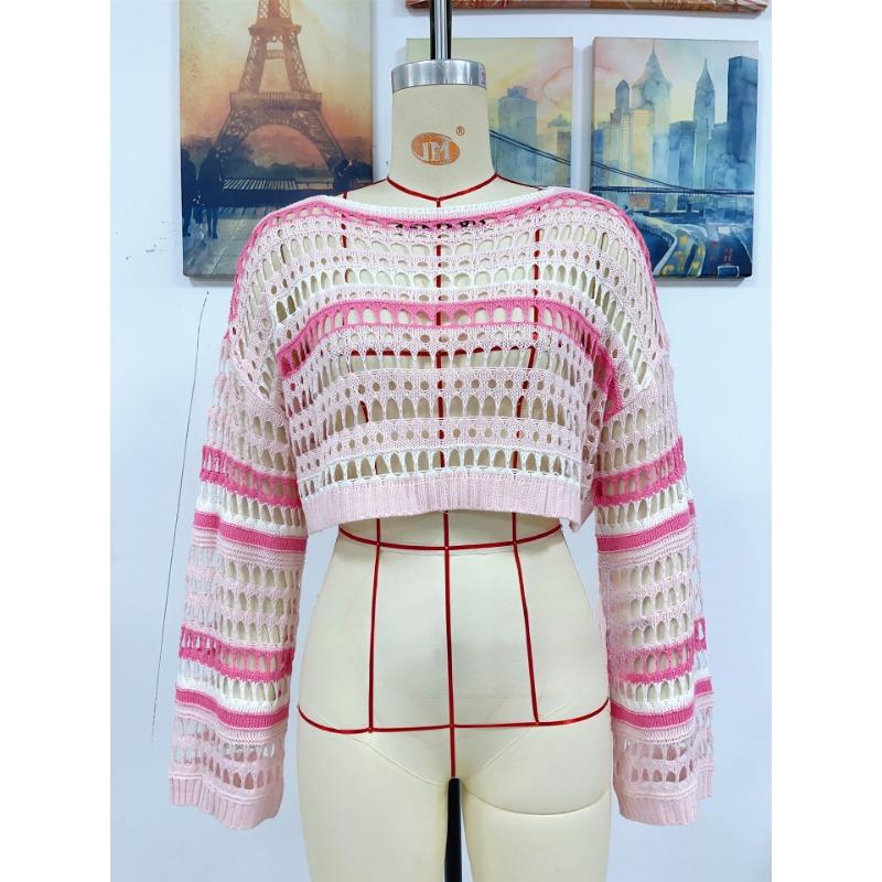 Übergröße Damen Sommer Neu Hohl Streifen Patchwork Sexy Bikini Strand Überwurf Top