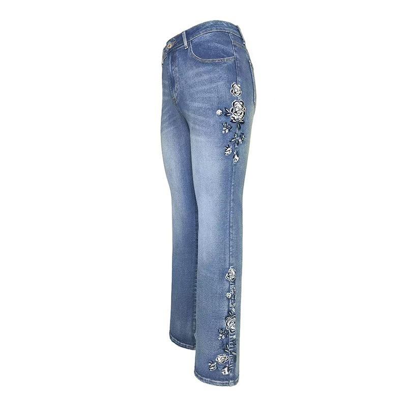 Spring straight tube slightly high waist elastic embroidered jeans women's clothing