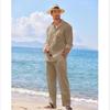 Plus Size Herr Casual Linne Tvådelade Set Europe Style Vintage Basic Toppar och solida byxor Kostym Man Beach Träningsoveraller Set