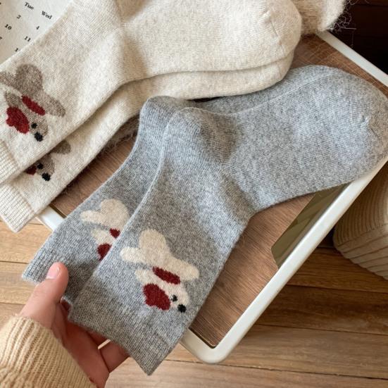 1/5 Pairs Student Socks Cartoon Puppy Design Thickened Fleece Lining Socks Winter Warmth Stretch Fit Socks