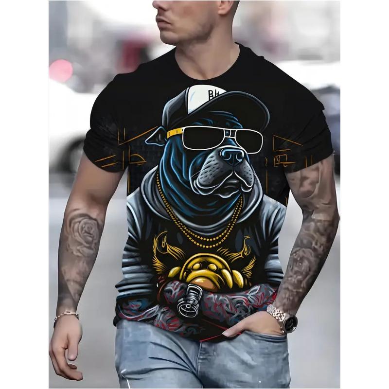 Men's 3D Printed Large Dog Pattern T-shirt Humorous Digital Printed Short Sleeved T-shirt Breathable Polyester Round Neck Casual