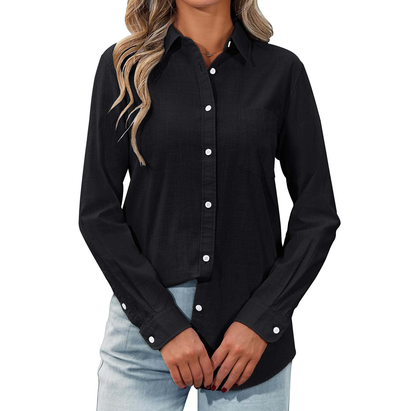 

Women s Fashionable Solid Color Lapel Button Long Sleeved Temperament Pullover Shirt Top S