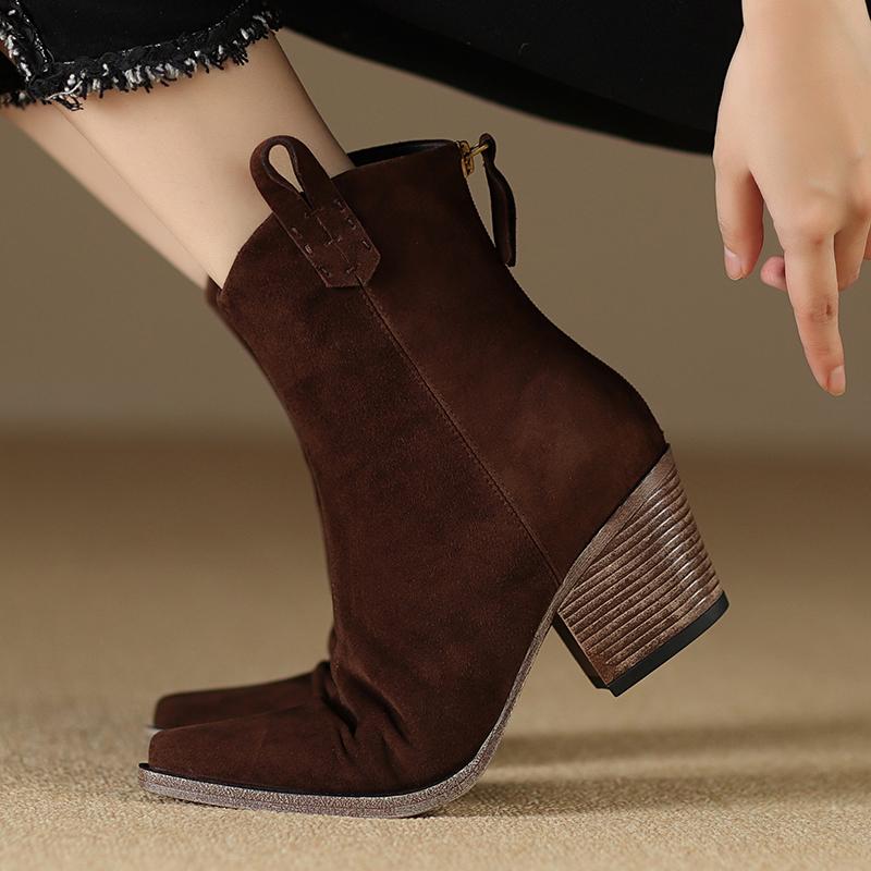 Fashion 2024 New Autumn Winter Genuine Leather Women Boots Fashion Pointed Toe Chelsea Boots Chunky High Heels Women Shoes Ankle Boots
