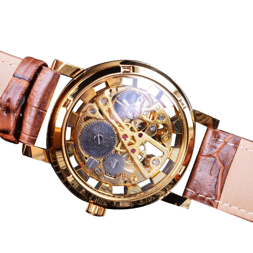 Winner Men's Double-Sided Skeleton Mechanical Watch, Gold Case with Brown/Red Strap.