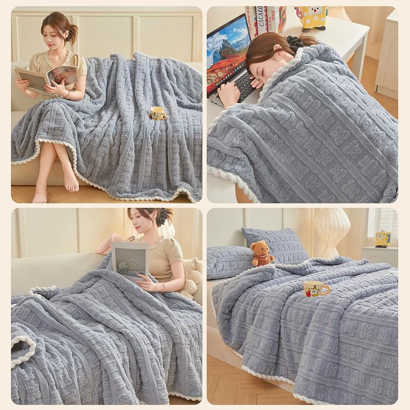 Cartoon Bear Carved Velvet Blanket Spring Autumn Warm Single Double Size Bed Blanket Soft Coral Fleece Throws Blankets For Sofa